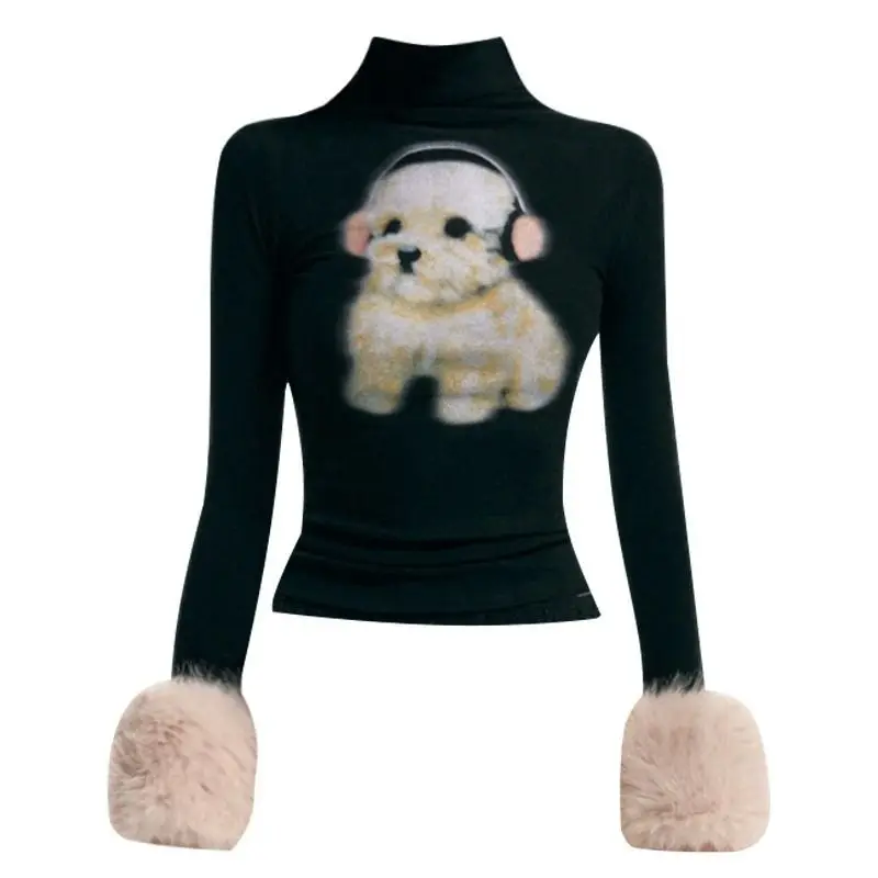 Kimotimo Hotsweet Puppy Print Detachable Fur Long Sleeved T-shirt Women Autumn Winter Turtleneck Slim Fit Bottom Y2k Crop Top view 6