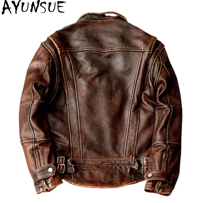 AYUNSUE Pure Top Layer Cowhide Genuine Leather Jacket Men Stone‑washed Distressed Real Cow Leather Coat Motorcycle Jackets Trend