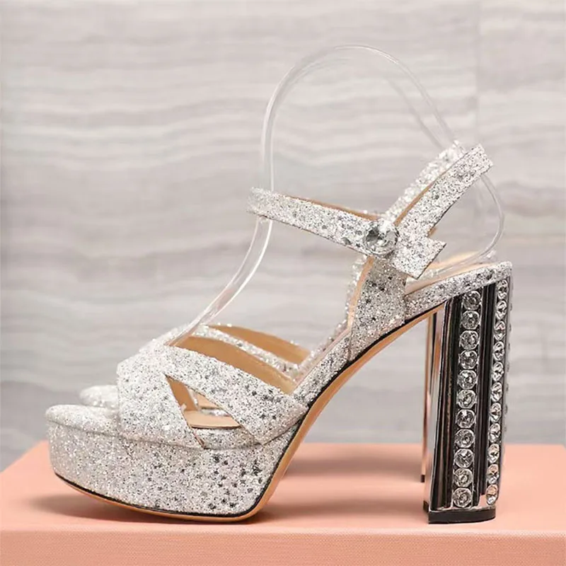 Sommer Super High Heels Sandalen Frauen Strass Verzierte Party Kleid Schuhe Frauen Kristall Quadratische Fersen Plattform Sandalen Frau