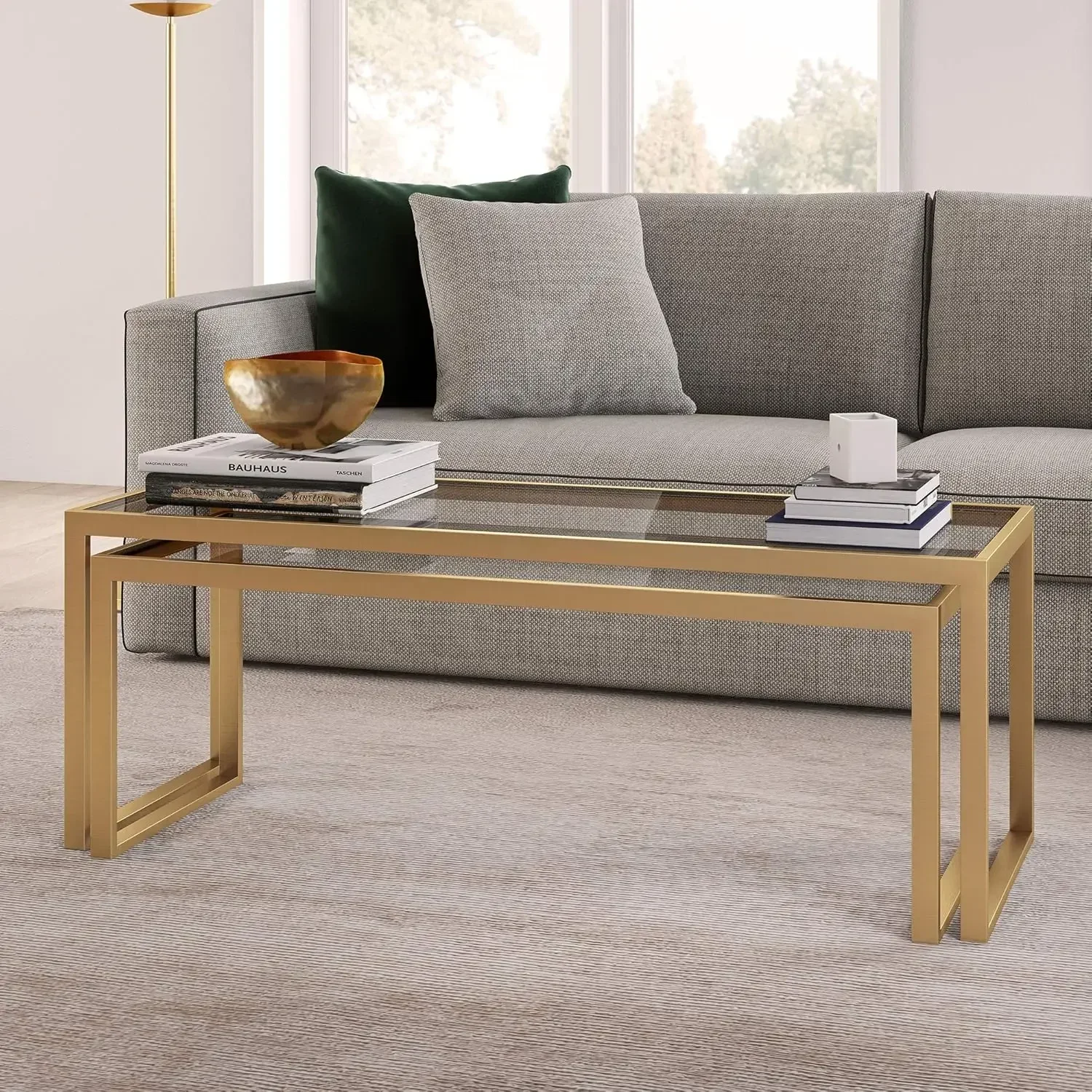 Rectangular Nested Coffee Table in Brass, Modern coffee tables for living room, studio apartment essentials