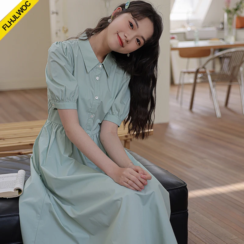 Katoenen overhemdjurken Nieuw ontwerp 2025, zomer, korte mouw, schattig, zoet, Japanse meisjes, preppy stijl, retro vintage groene jurk