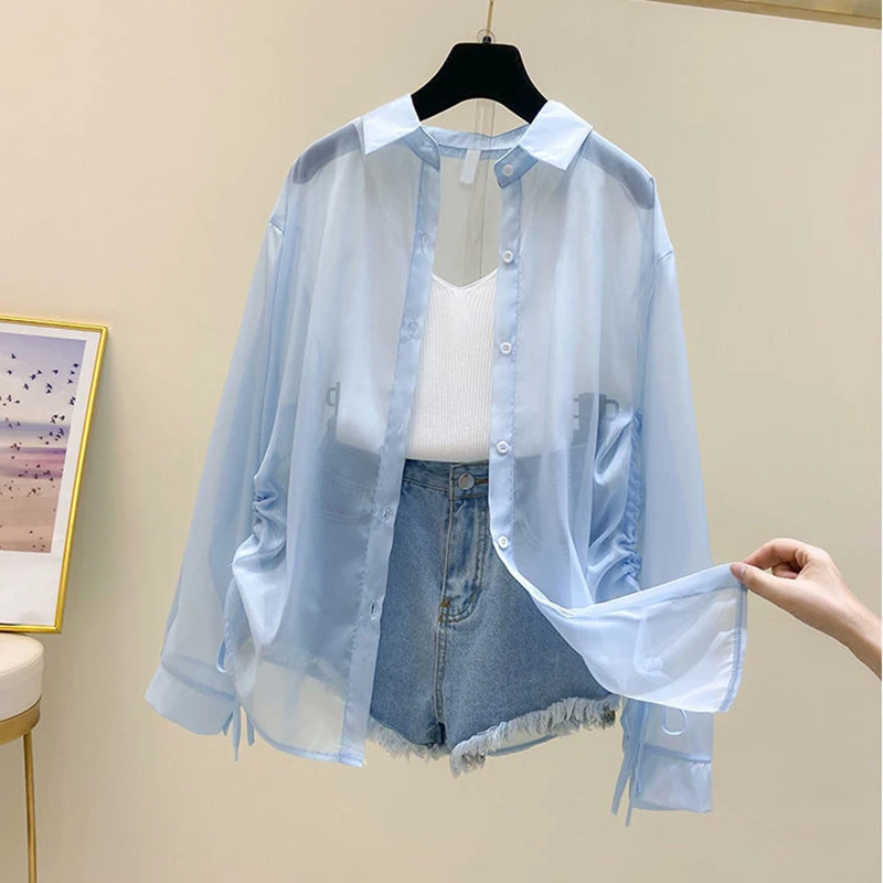 Drawstring Long Sleeve White Sunscreen Shirt Women New Summer Thin Casual Chiffon Blouse Women Tops Fashion Plus Size Shirts X30