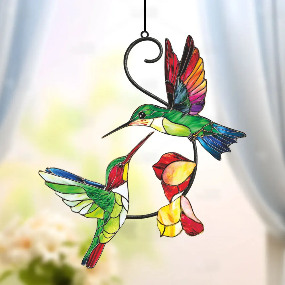 Colorful Hummingbird Stained Glass Suncatcher Metal Bird Window Hanging Decor For Garden Home Gift For Bird Lovers