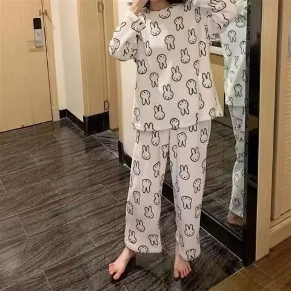 Miffy coelho coral velo pijamas manga longa engrossado flanela feminina conjunto de roupas para casa outono e inverno calor