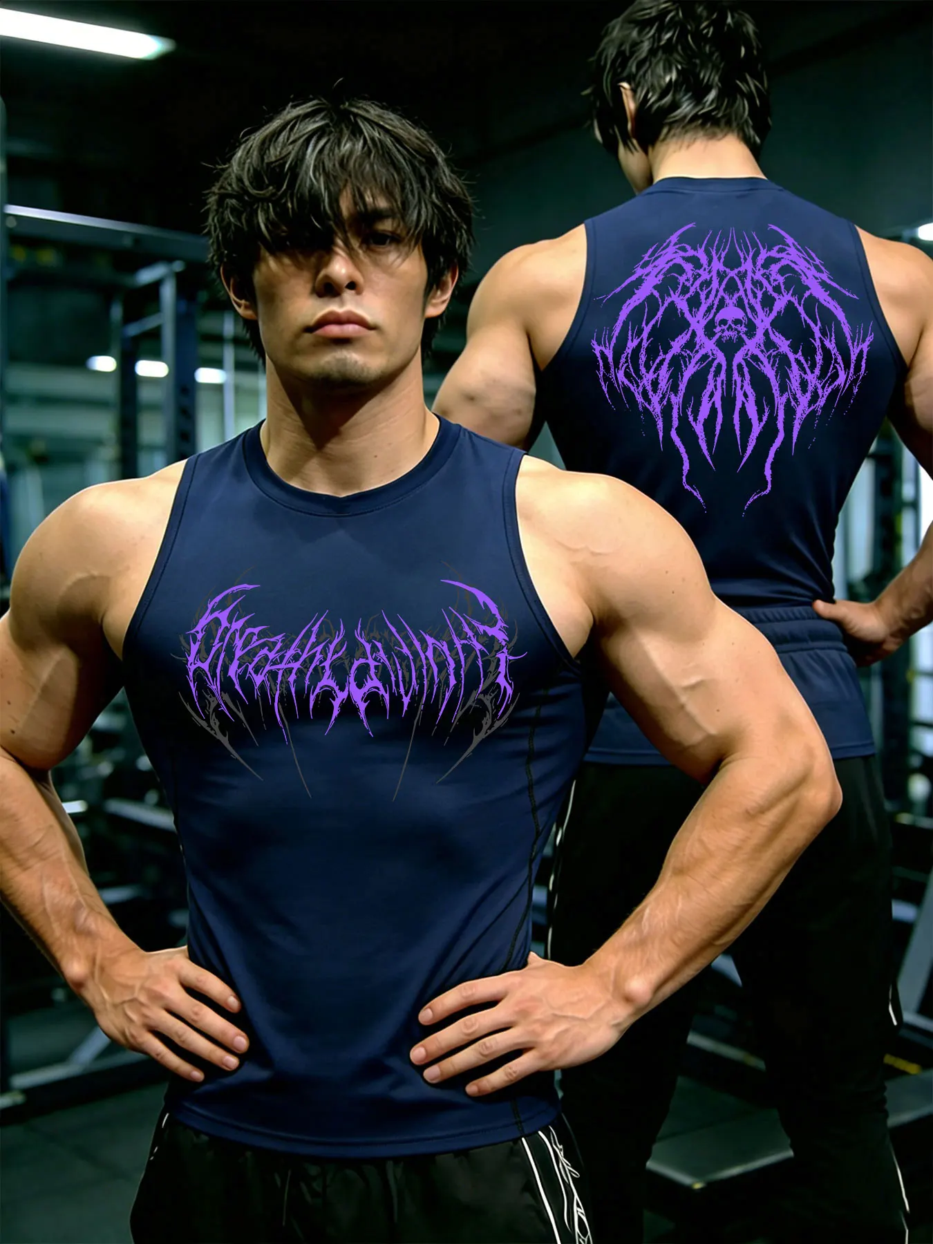 Herren Y2K Dark Gothic Art Print Kompressions-Tanktop, schnelltrocknend, ärmellos, Weste, Fitness, Bodybuilding, Workout, Muskel-Sportoberteil – Detail 11