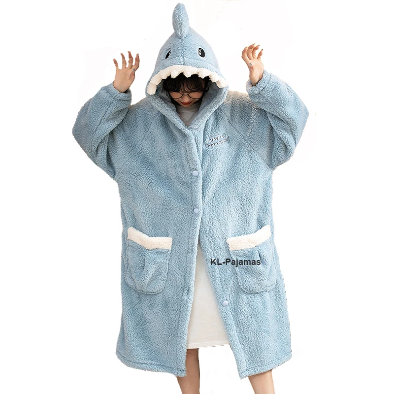 Shark Costume Winter Cosplay Pajamas Women\'s Nightgown Cute Cartoon Animal Ladies Nightdress Flannel Thicken Warm Night-robe