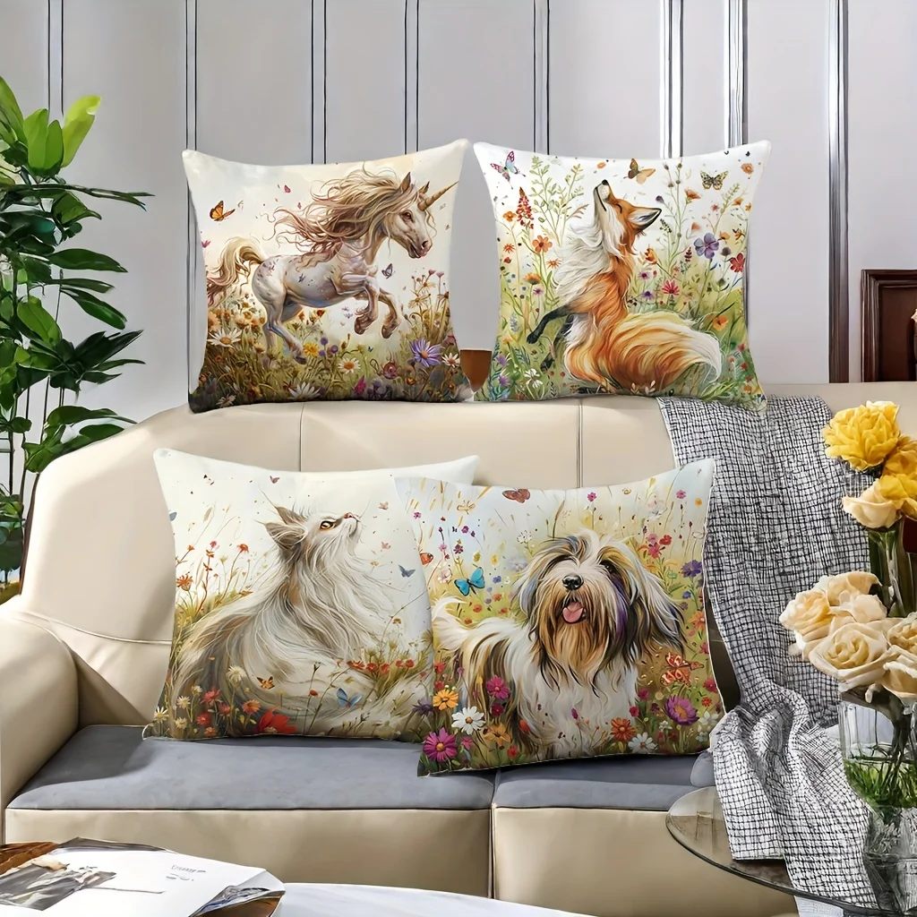 Four-Piece Throw Pillow Set Featuring Equestrian, Canine, and Wildlife Art Prints for Living Room Decor