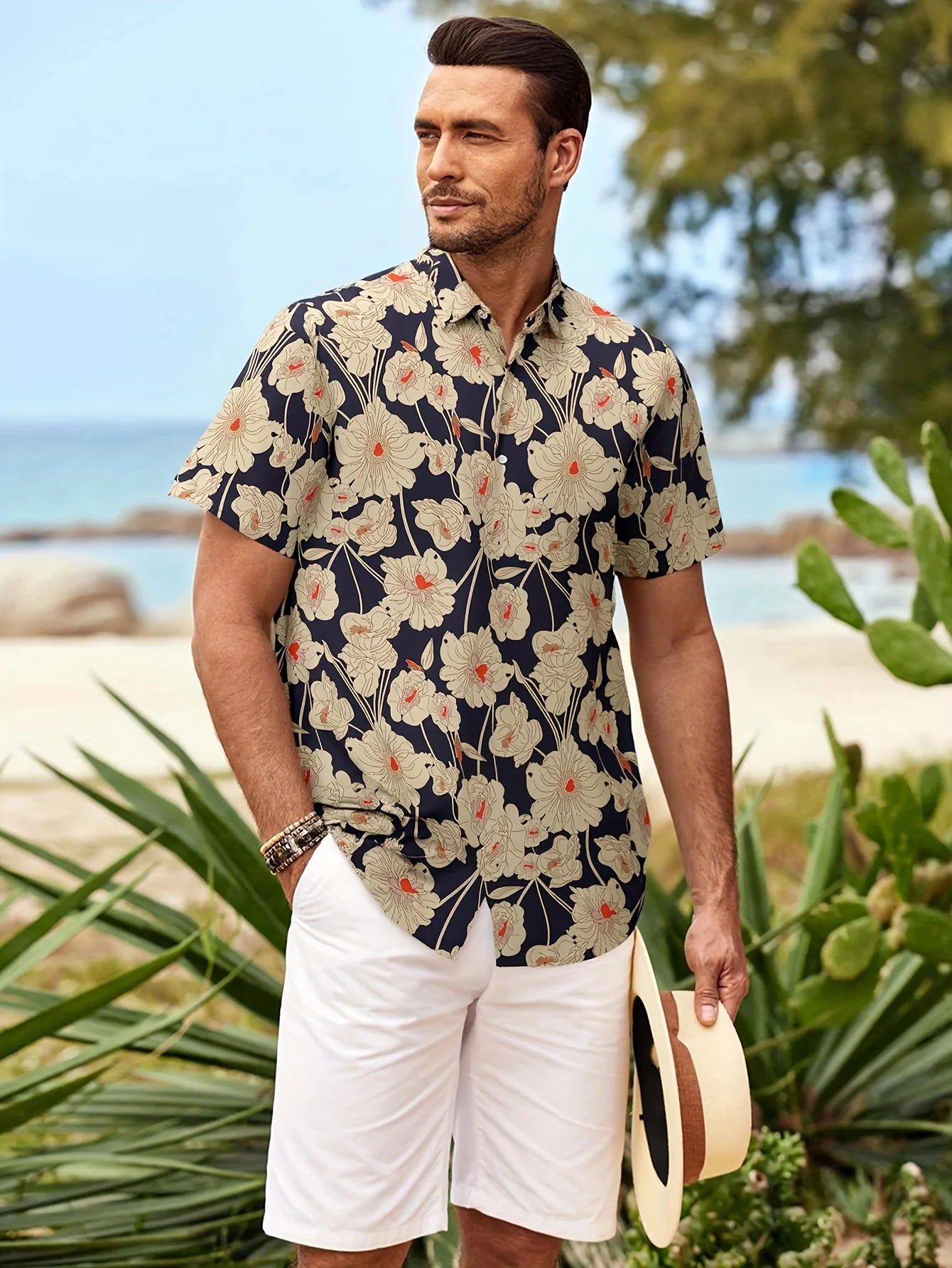 

Men's Tropical Floral Print Short Sleeve Shirt - Lightweight Polyester Loose Fit Button-Up Beach Shirt, Blue White Casual Summer