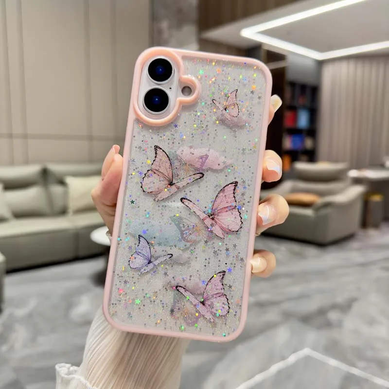 Cartoon Glitter Butterfly Laser Case dla Samsung Galaxy S24 FE Ultra S23 Plus FE A55 A16 A15 Epoxy Soft Transparent Cover Caque