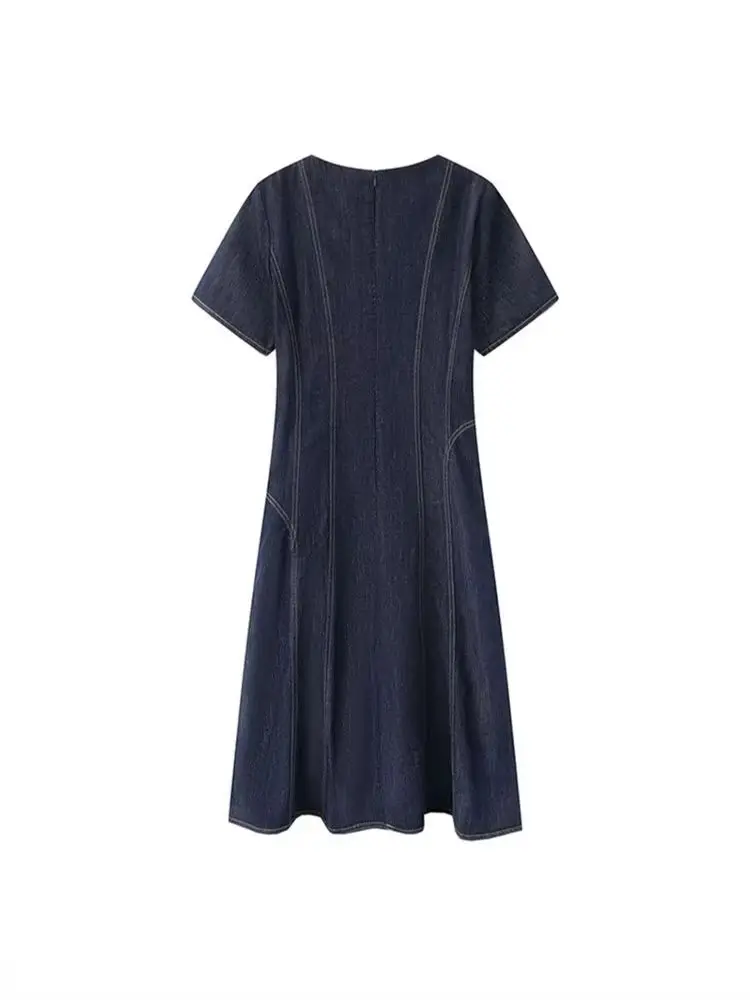 Temperament Women Short Sleeve Denim Dress Chic Bright Thread Design Casual A-Line Dresses Vintage Commuter Mid-Length Dress