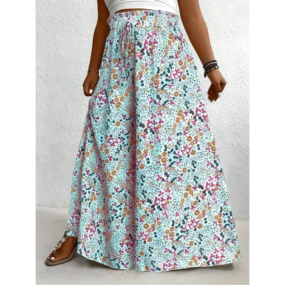 

Большие размеры 1XL-5XL, женские модные широкие брюки, женские повседневные свободные длинные брюки с цветочным принтом, элегантные свободные длинные брюки с завязками и высокой талией