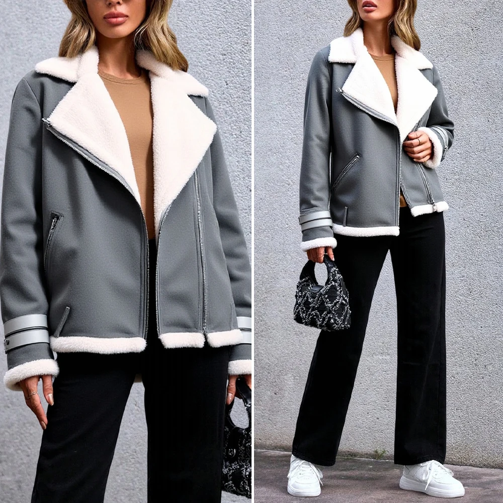 

Mia Muse Women's Coat Oversized Autumn Winter Long Sleeve V-Neck Patchwork with Faux Fur Trim Casual K-Style Streetwear Jacket