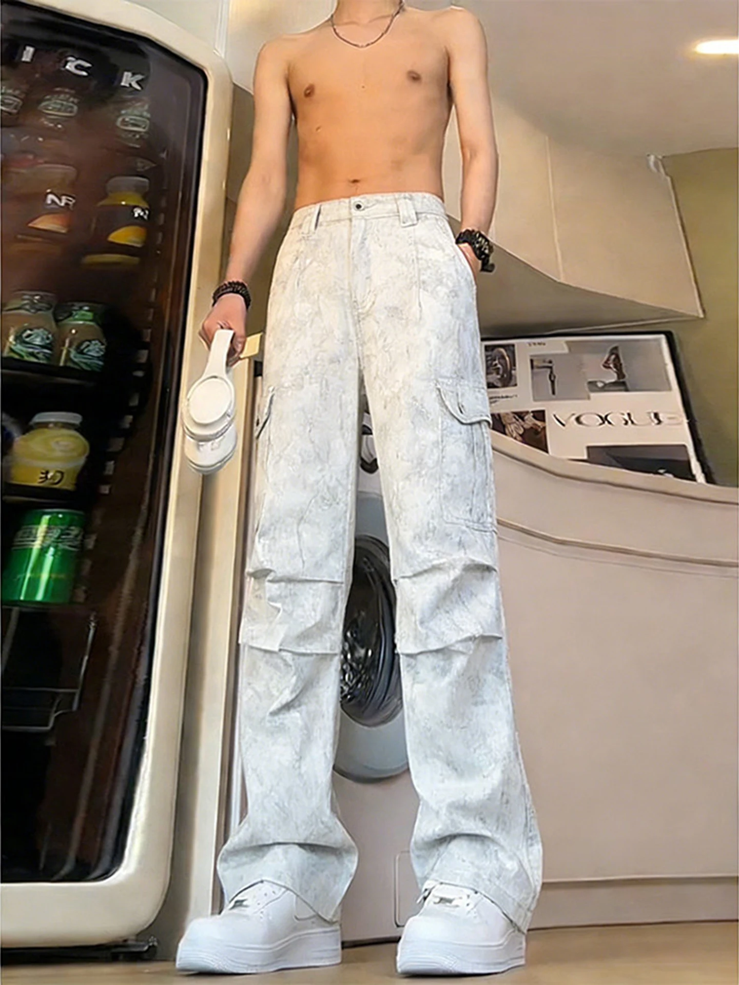 

Cuffed Ripped White Jeans Men's American High Street Vibe Flared Straight Leg Extended Paratrooper Workwear Trousers