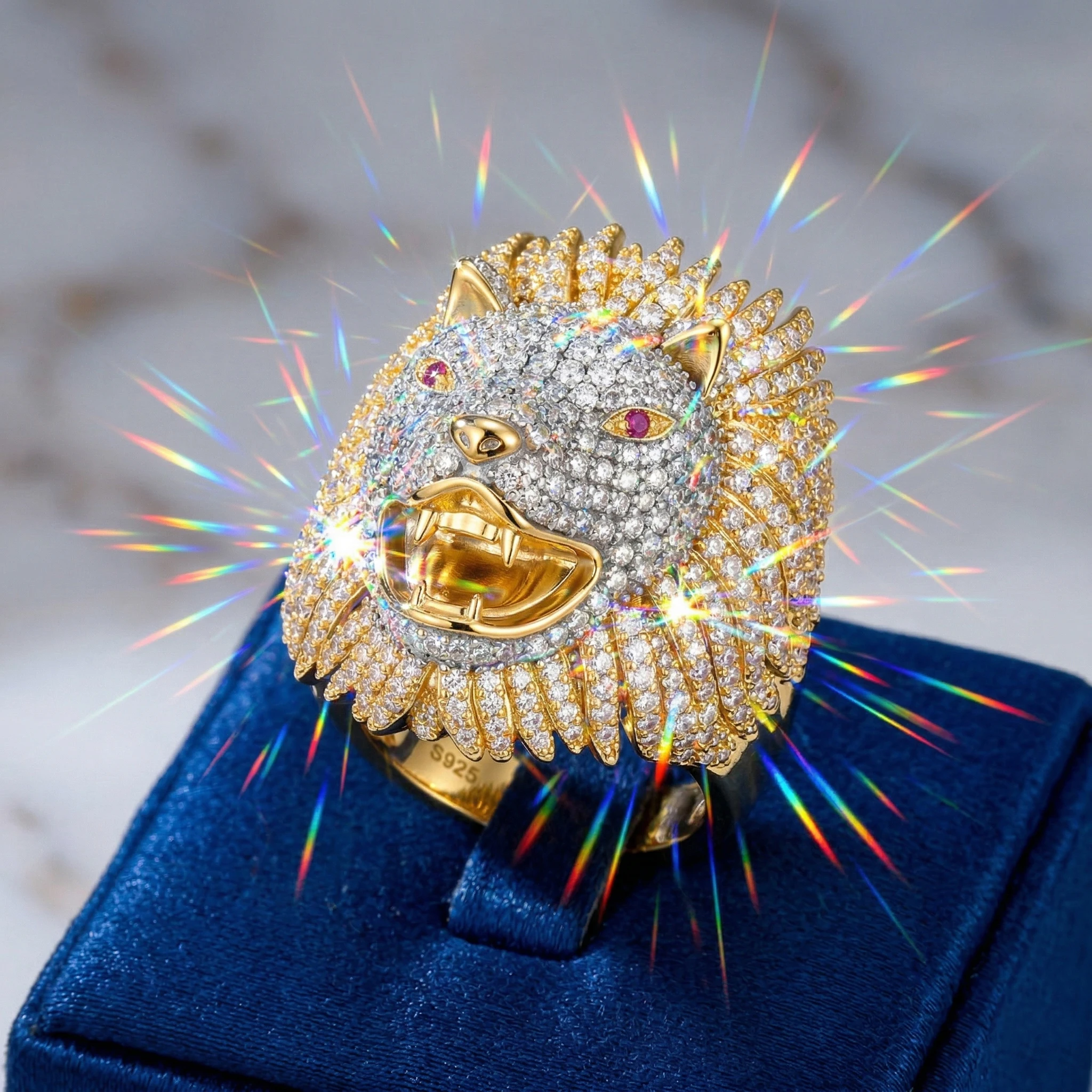 

Hip Hop Men's Lion Head Moissanite Ring, Round D Color VVS1, Moissanite Band, 925 Sterling Silver, Ice Pave Jewelry