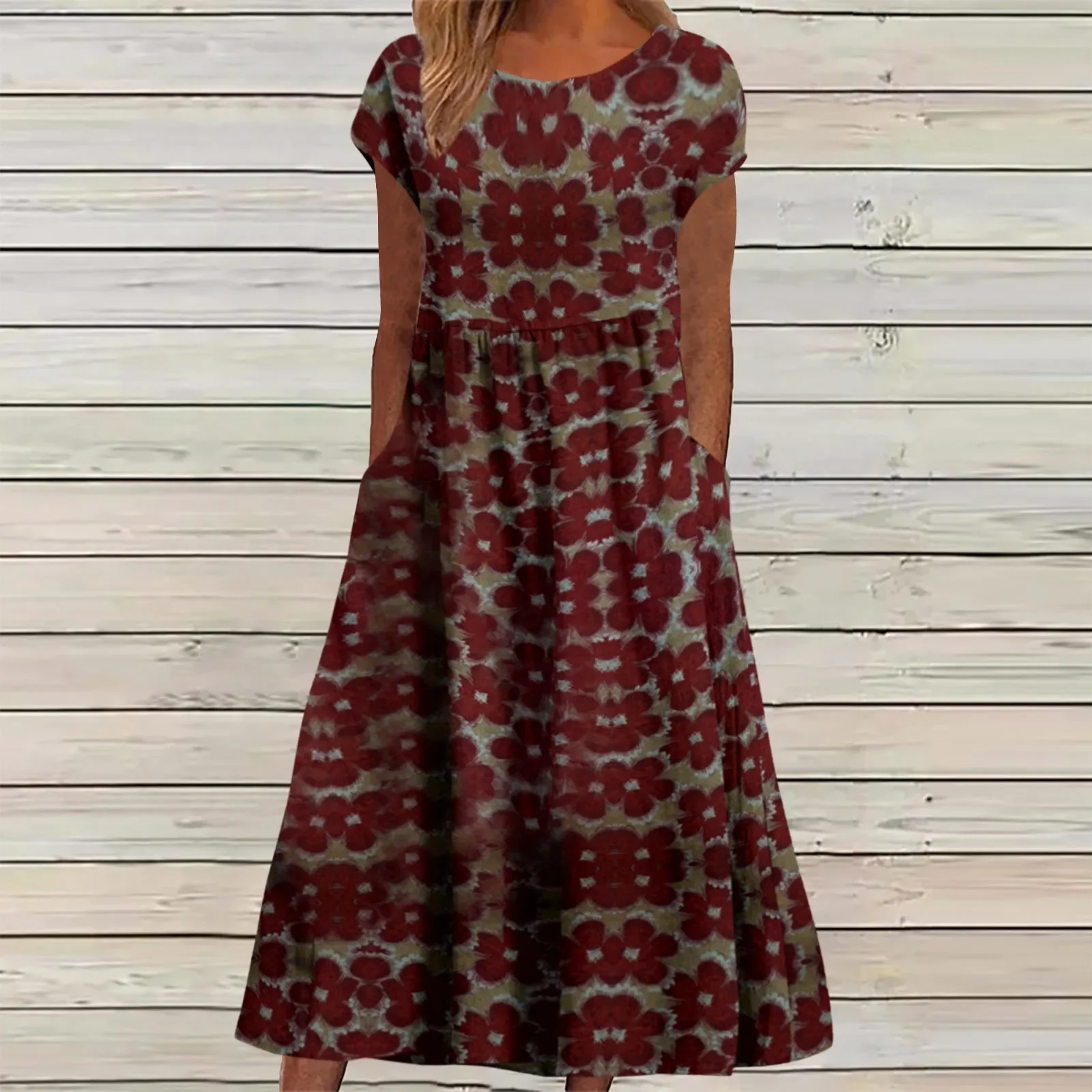 

Elegant And Fashionable Women's Cotton And Linen Dress Round Neck Printed Short Sleeved A-Line Skirt Unique Floral Long Skirt