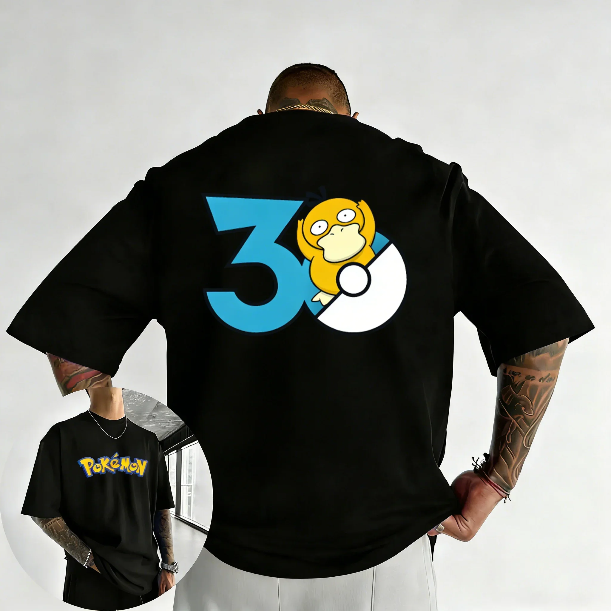 camiseta-estampada-pokemon-30º-aniversario-psyduck-2026-nova-colecao-verao-masculina-e-feminina-solta-casual-hip-hop-moderna-manga-curta