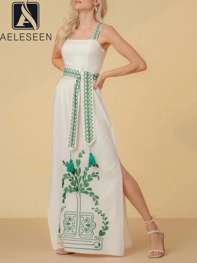 AELESEEN-Robe d'été de haute qualité pour femmes, bretelles spaghetti, vert, violet, broderie de fleurs, ceinture mince, fendue, longue, caraco de fête