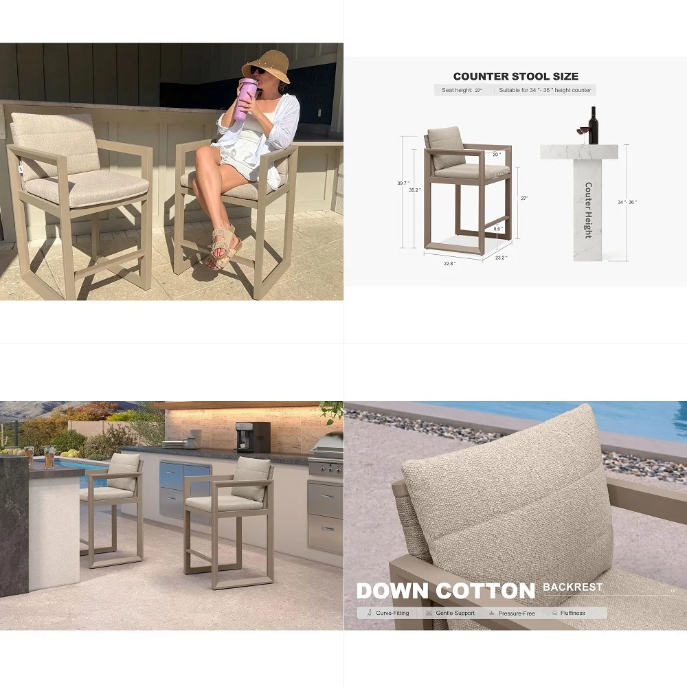 

Outdoor Bar Stools Set of 2, 27 Inch Counter Height Patio Chairs with Removable Cushions, Olefin Rope Back, Aluminum Frame for