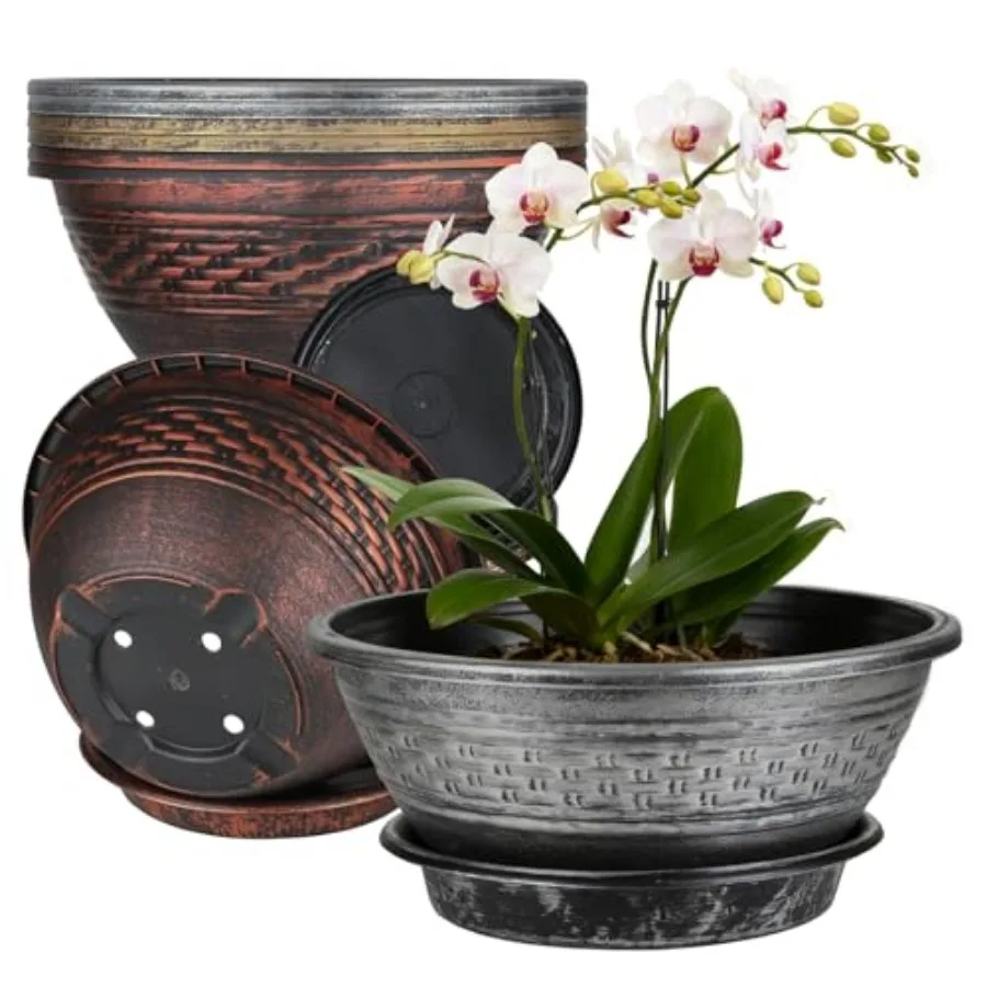 

12-дюймовые горшки для растений - набор пластиковых кашпо с имитацией плетения и волнистым узором, с дренажными отверстиями и поддонами, в ретро-дизайне, для дома и улицы