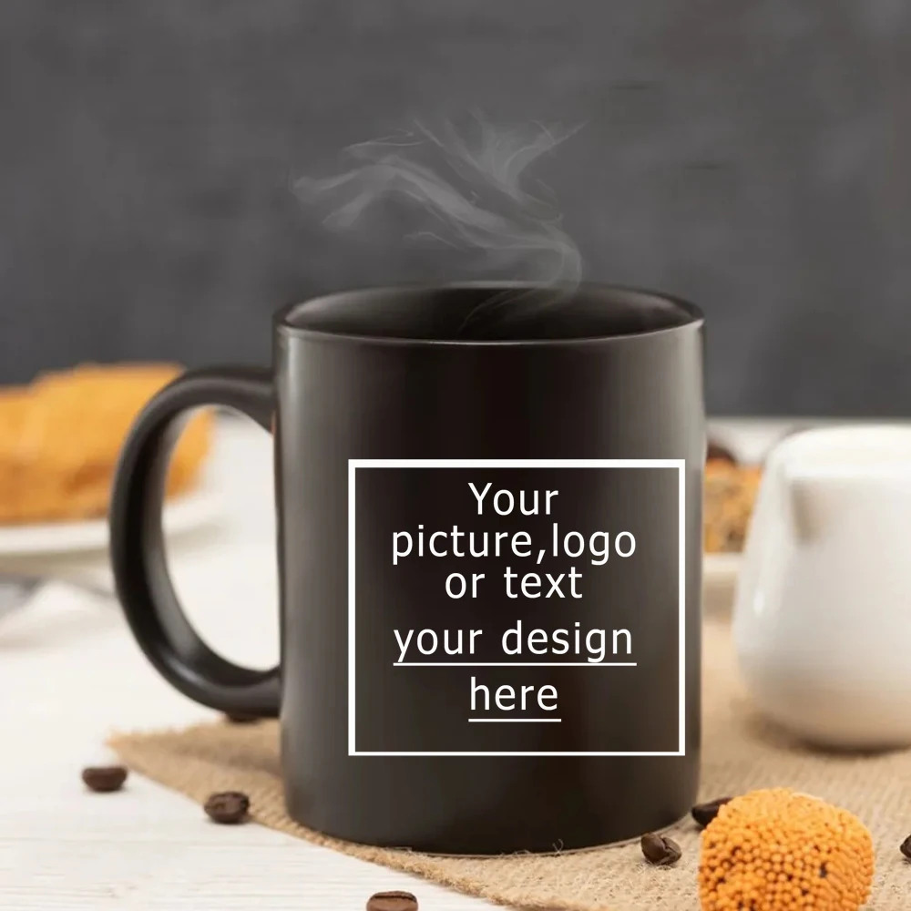 Custom logo coffee Mug 350ml Black Ceramic coffee mug with lid and spoon DIY Pictures Cup