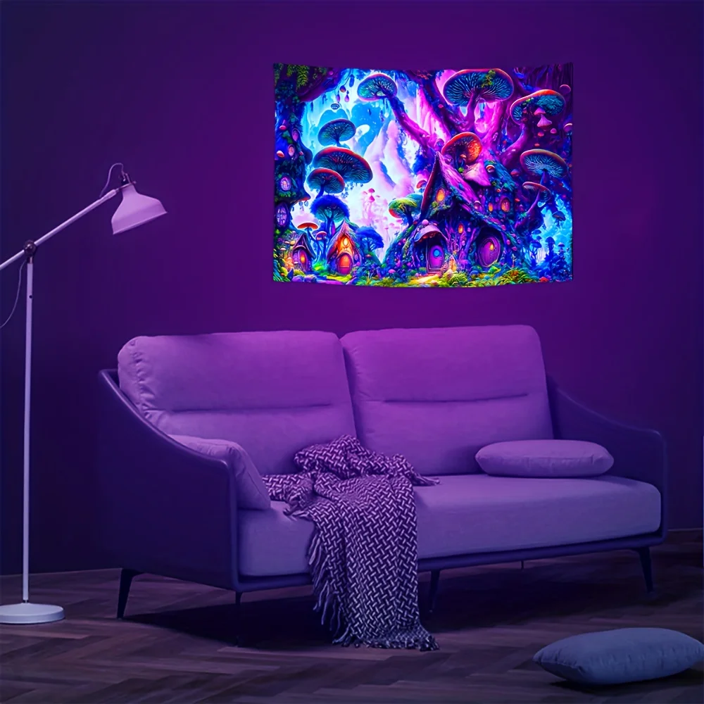 1pc  Enchanted Mushroom Fairy Village UV Blacklight Tapestry, Psychedelic Glow in The Dark Wall Hanging for Bedroom Living