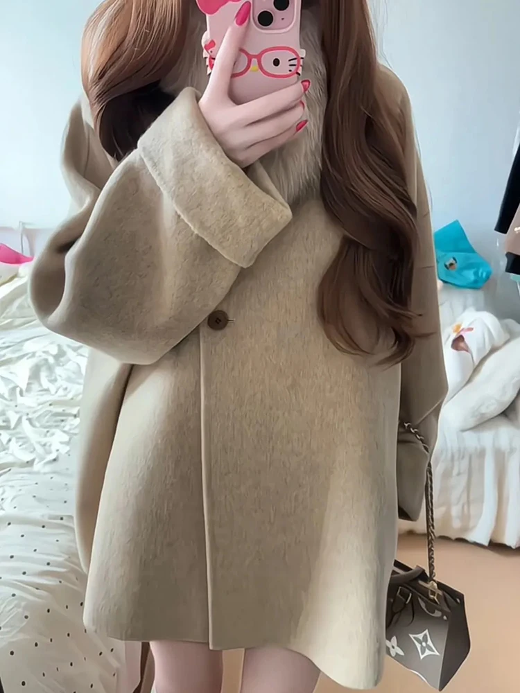 

Laid-ba Feel с воротником из искусственного меха, высококачественное шерстяное пальто, женское свободное зимнее модное пальто на пуговицах, однотонное пальто