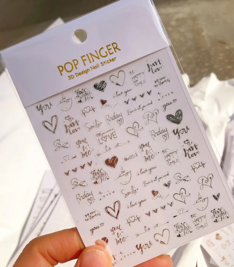 Pegatinas de uñas 3D abstractas con letras de amor, deslizador de uñas, decoración de Arte de uñas, pegatina de bronceado láser, prensa de