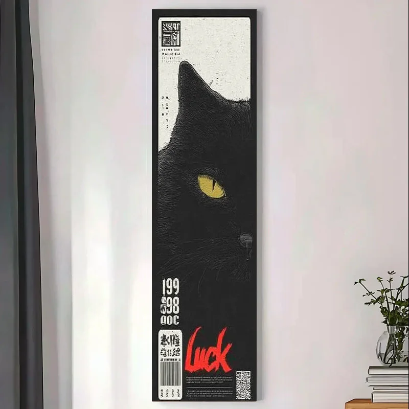 Vertical Long Black Cat Tapestry Vintage Luck Poster Yellow Eyes Barcode QR Code Print Streetwear Aesthetic Wall Hanging Banner