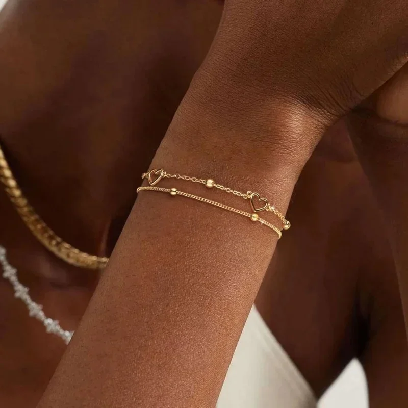 

Geometric Double Layer Hollow Heart Love Bead Chain Bracelet for Women Gold Color Metal Chain Bracelets Party Minimalist Jewelry