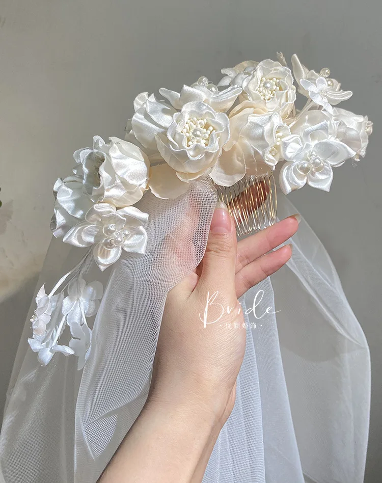 Satin Bud Gradient Hair Comb Floral Veil Hard Yarn Modeling Wedding Head Jewelry