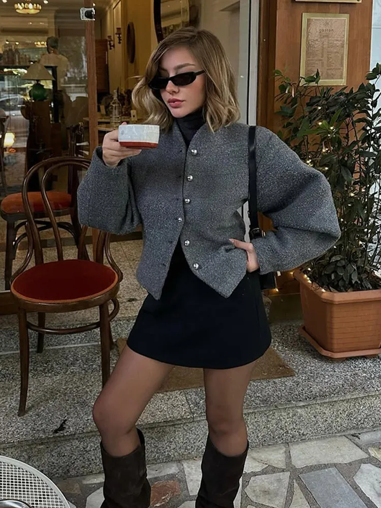 Women Vintage Solid Round Neck Single Breasted Coat Fashion Puff Long Sleeve Short Woolen Jacket Early Spring Lady Streetwear