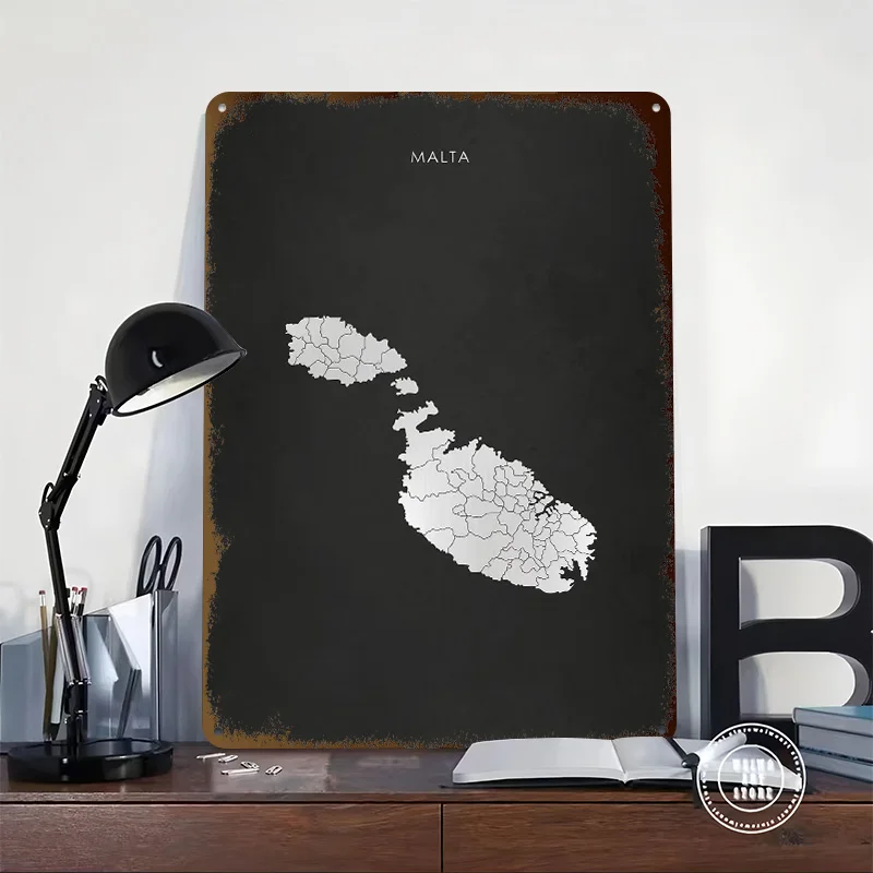 Silver Malta Map Personalized 3D Textured Metal Poster Wall Art Vintage Tin Signs for Mancave Decoration Room Luxury Home Decor