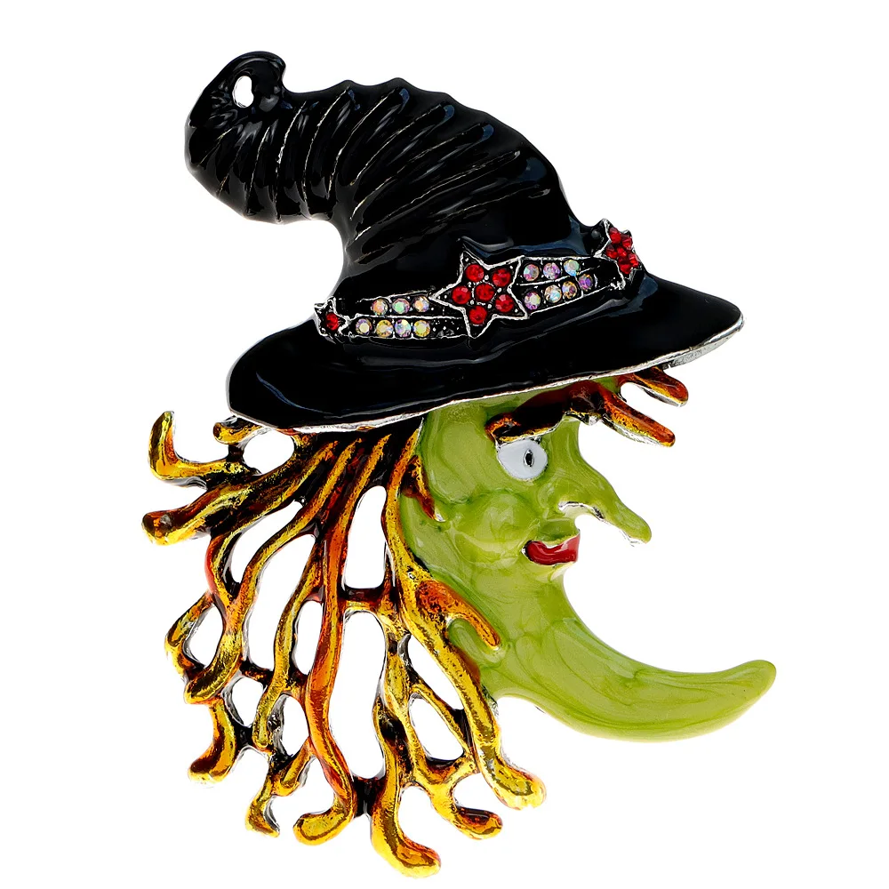 Europe America Multi Colored Drip Glue Inlaid Multicolored Zircon Witch Hat Moon Brooch UNISEX Halloween Hip-hop Party Brooch