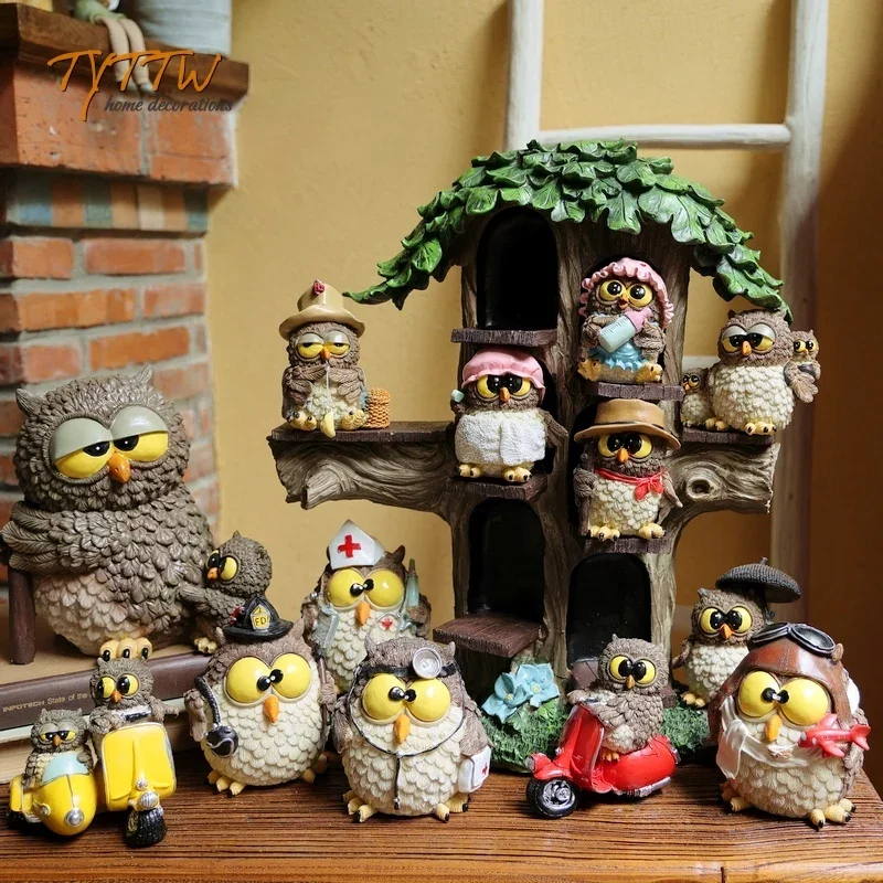 Kawai Animal Sculpture Resin Owl Fun Ornaments Living Room Porch Study Home Furnishings Model Room Soft Decorations Gift