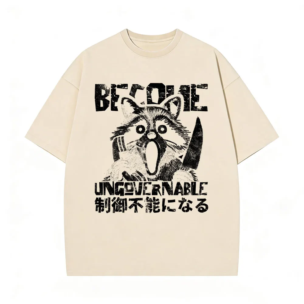 

Become Ungovernable Graphic T-shirt Funny Japanese Style Amazed Raccoon Vintage Washed T Shirts Men High Quality Cotton T Shirt