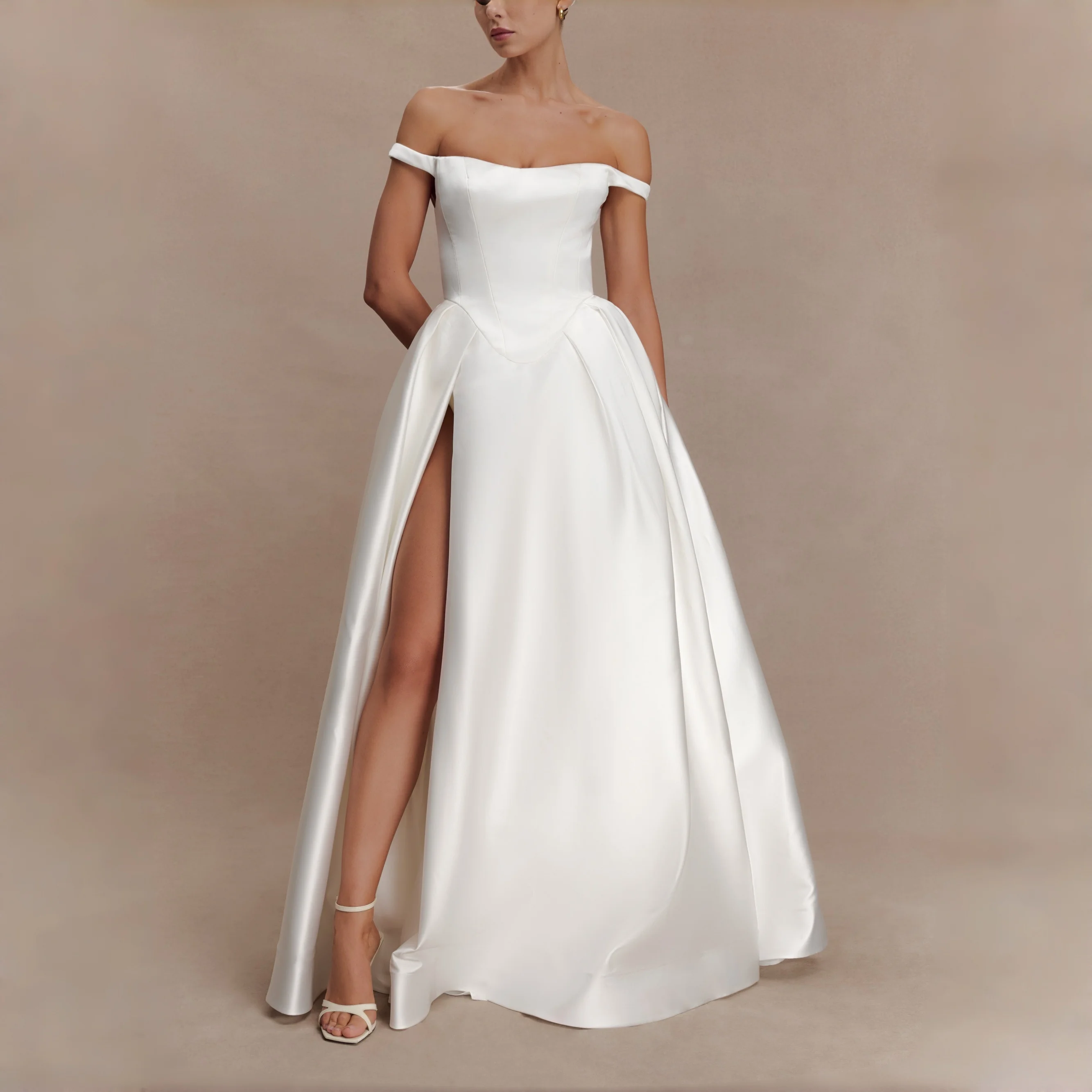 Off-the-Shoulder Satin Wedding Dress Fitted Bodice Ball Gown with Slit Floor Length Formal Evening Bridesmaid Reception Gown