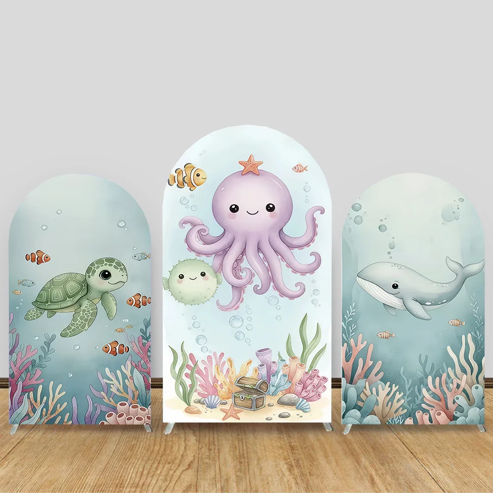

2-Sided Cartoon Octopus Shark Arch Background Custom Color Underwater World Turtle Starfish Backdrop Child Birthday Photo Props