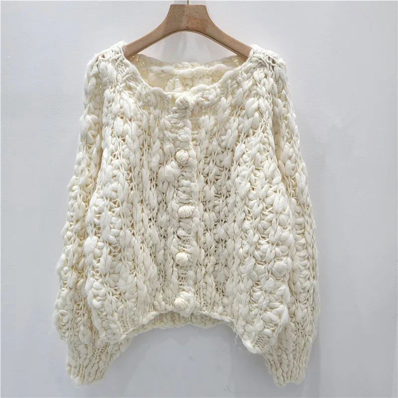

Women's 2025 Winter Chunky Knit Cardigan Cropped Open Front Sweater Handmade Cable Coatigan Top