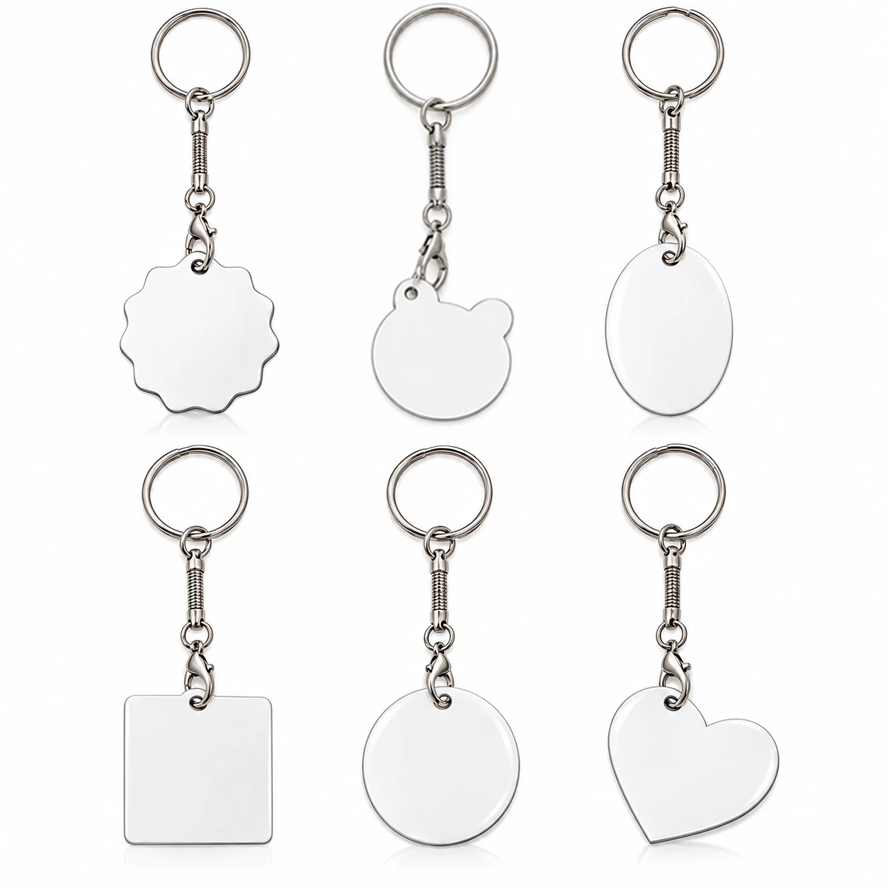 6 Styles Sublimation Blank Metal Keychain Set, Lobster Clasp Key Rings, White Coated Blanks for Heat Press Transfer DIY Craft