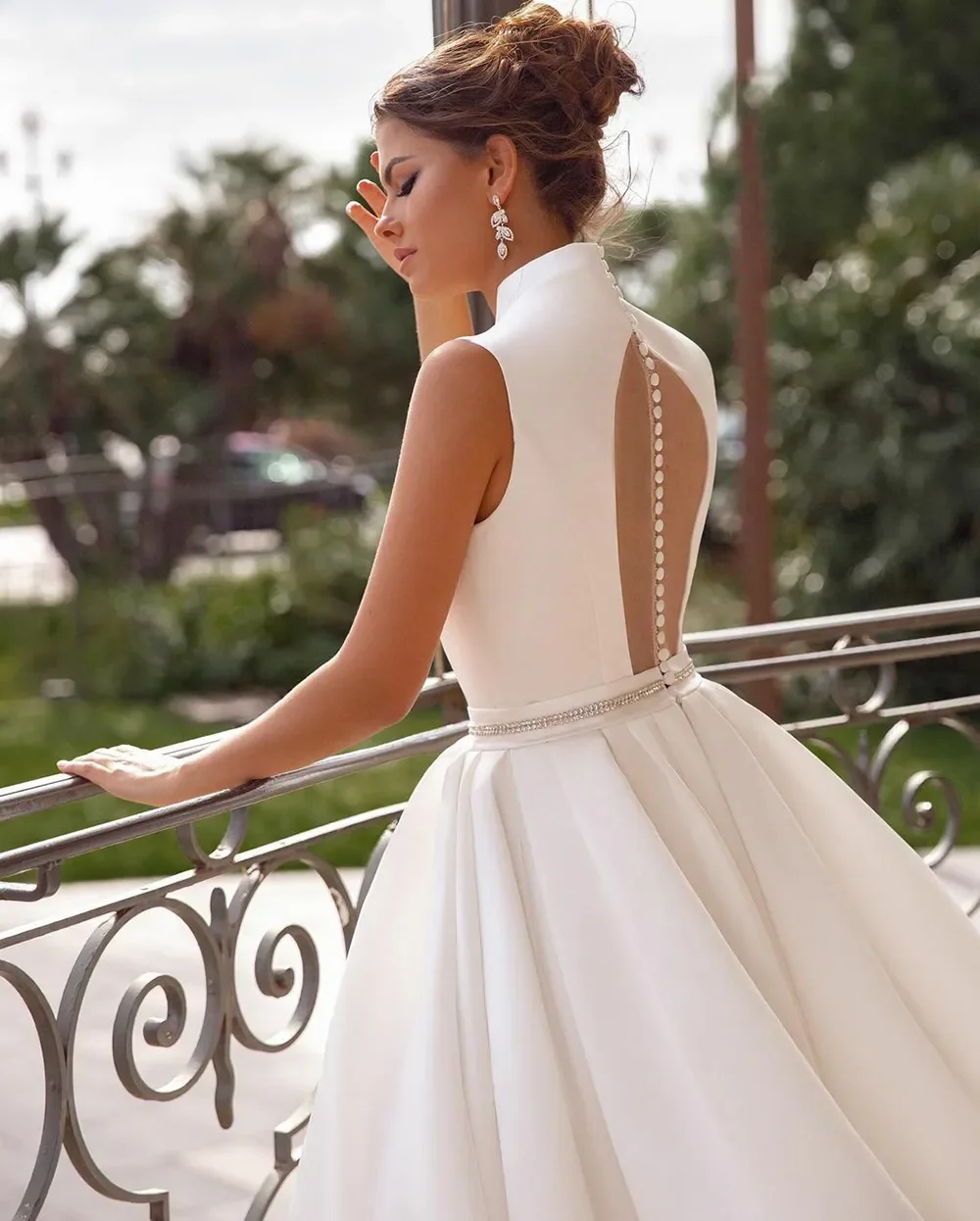 Vestido de novia de cuello alto con botón de ilusión simple para mujer, vestido de princesa, línea A, nuevo