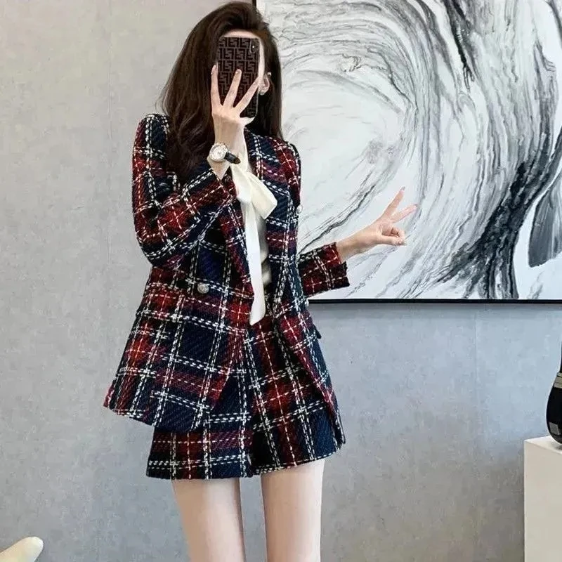 2024 Spring New Temperament Small Fragrance Fashion Suit Women's Autumn And Winter Explosions Plaid Suit shorts Two-piece