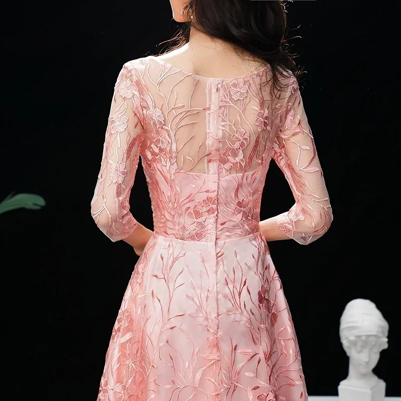 It\'s Yiiya Customized Evening Dress O-neck Embroidery Pink Half Sleeve Zipper Floor Length Plus Size Formal Gowns robe de soiree