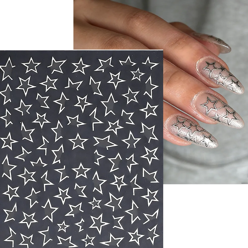 3D-Metall-Silber-Nagelaufkleber mit unregelmäßigen Sternen, Y2K-Hohl-Pentagramm-Klebeaufkleber für Nagelkunst, glänzende Maniküre, DIY-Nageldekorationszubehör – Detail 2