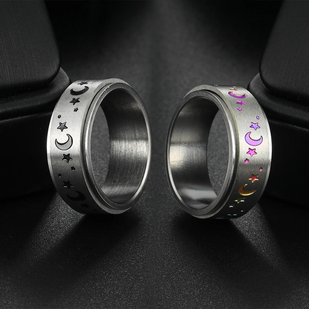 Stainless Steel Moon And Star Fidget Rings For Men Anti Stress And Anxiety Rotating Ring Fidget Metal Spinner Anillos