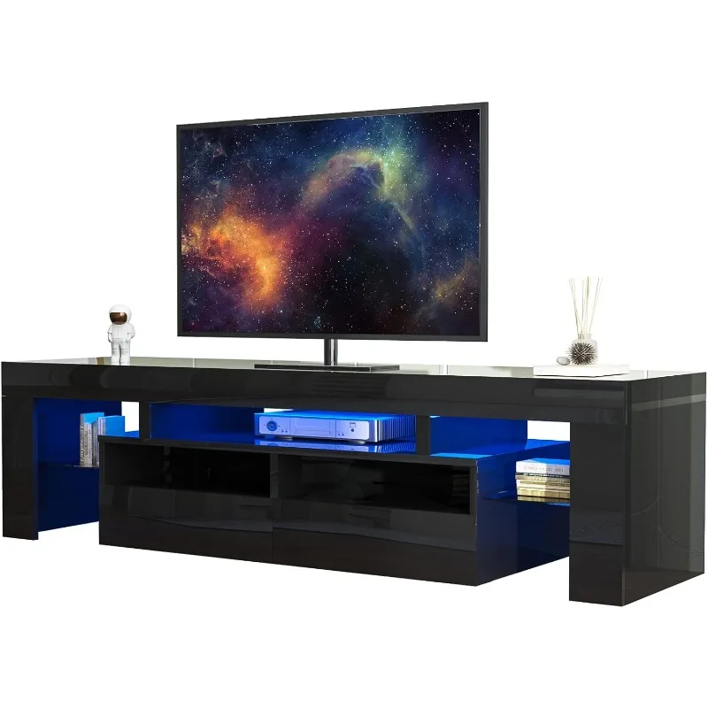 LED TV Stand for 60/65/70 Inch TV, High Glossy Modern Entertainment Center with Drawer and Led Lights, Television Table Center