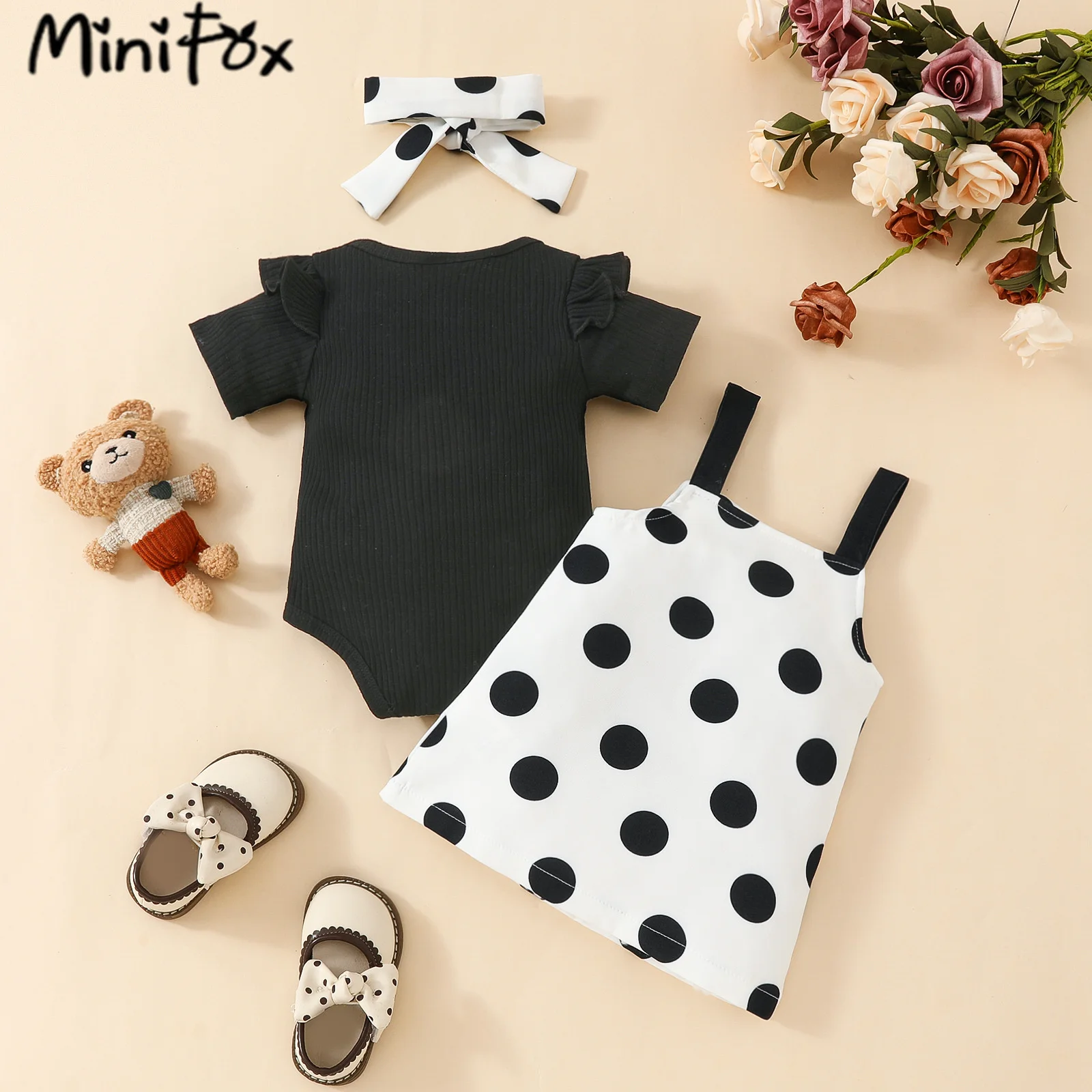 Prowow Baby Dresses Girls Summer 3pcs Outfit Sets Black Romper and Dots Bear Dress For Newborns Infants Baby Girls Clothing