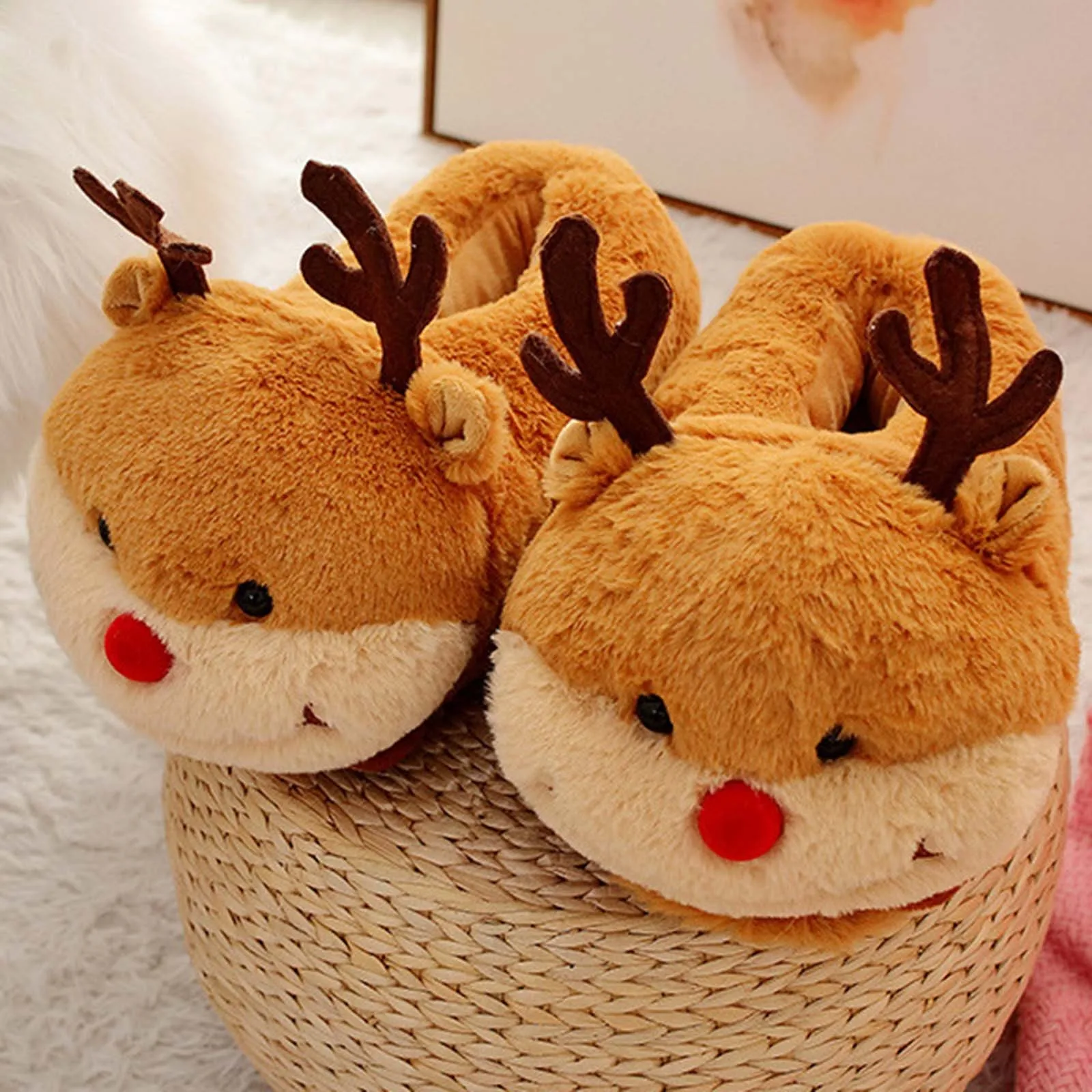 Women Cute Cartoon Slippers Christmas Elk Pig Animal Plush Indoor Comfortable Warm Cover Heel Non Slip Slippers Winter Slides