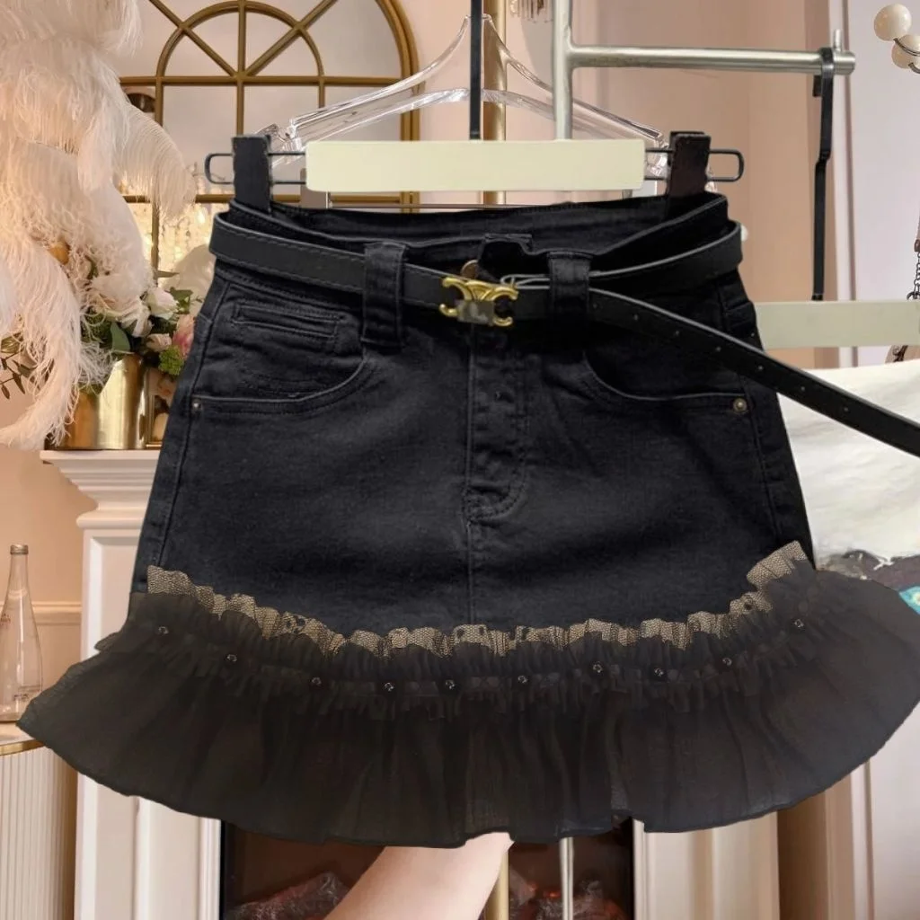 

Новая джинсовая юбка-трапеция 2025 года с высокой талией, на шнуровке, с кружевными вставками, однотонная, повседневная, из других материалов
