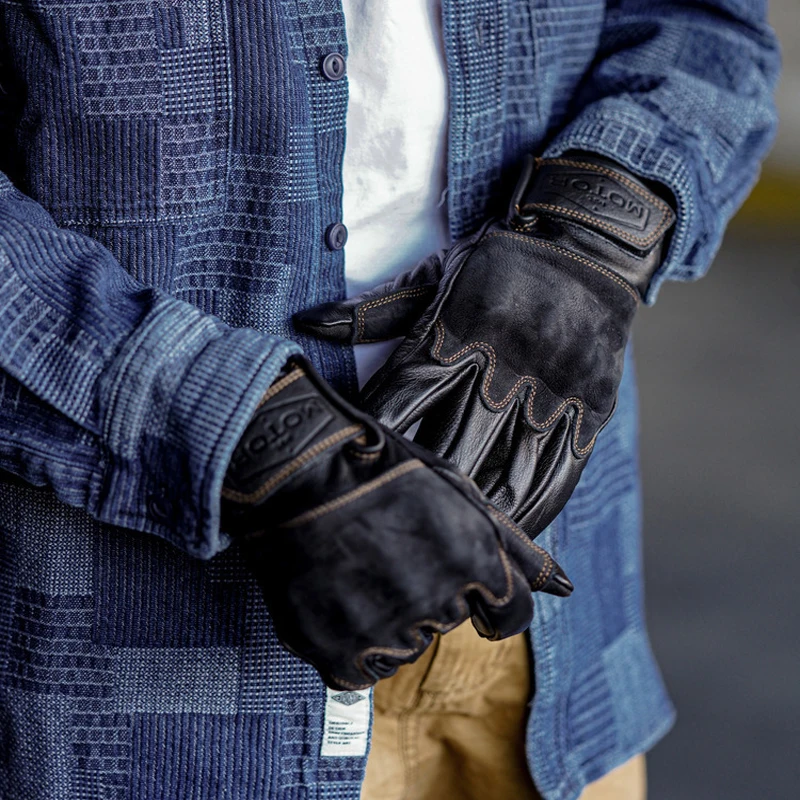 Guantes de moto retro para hombre, guantes de motociclista de cuero, guantes de piel de vaca, antideslizantes, pantalla táctil, resistentes al