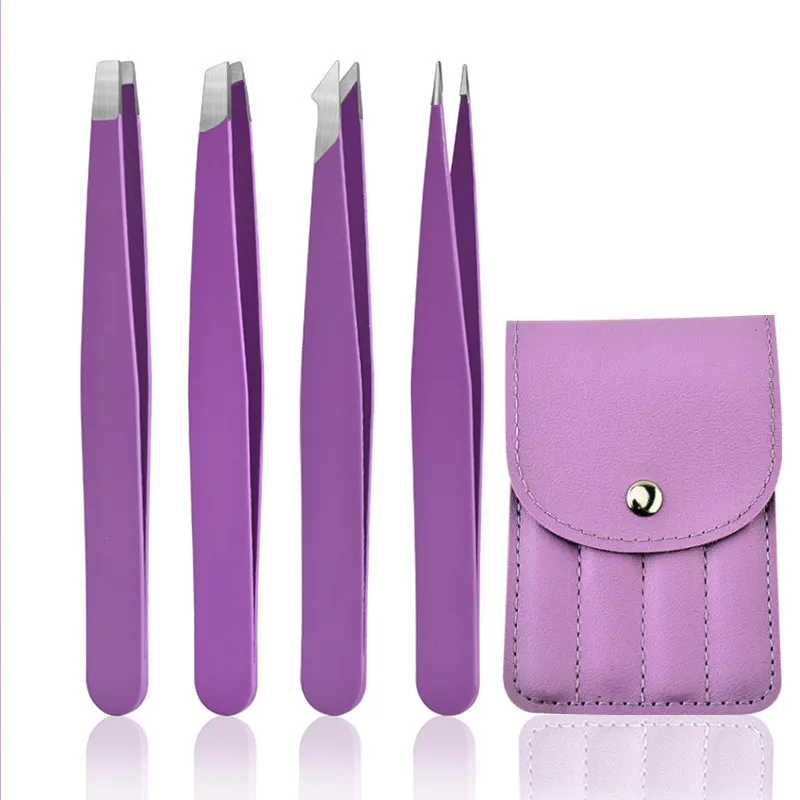 Set di pinzette in acciaio inossidabile da 4 pezzi Kit per toelettatura per modellare le sopracciglia, depilazione della barba ed estensione delle ciglia, custodia viola